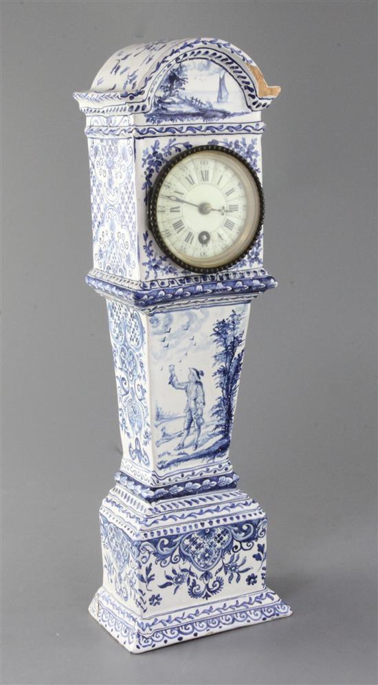 A Delft blue and white model of a longcase timepiece, c.1900, height 43.5cm